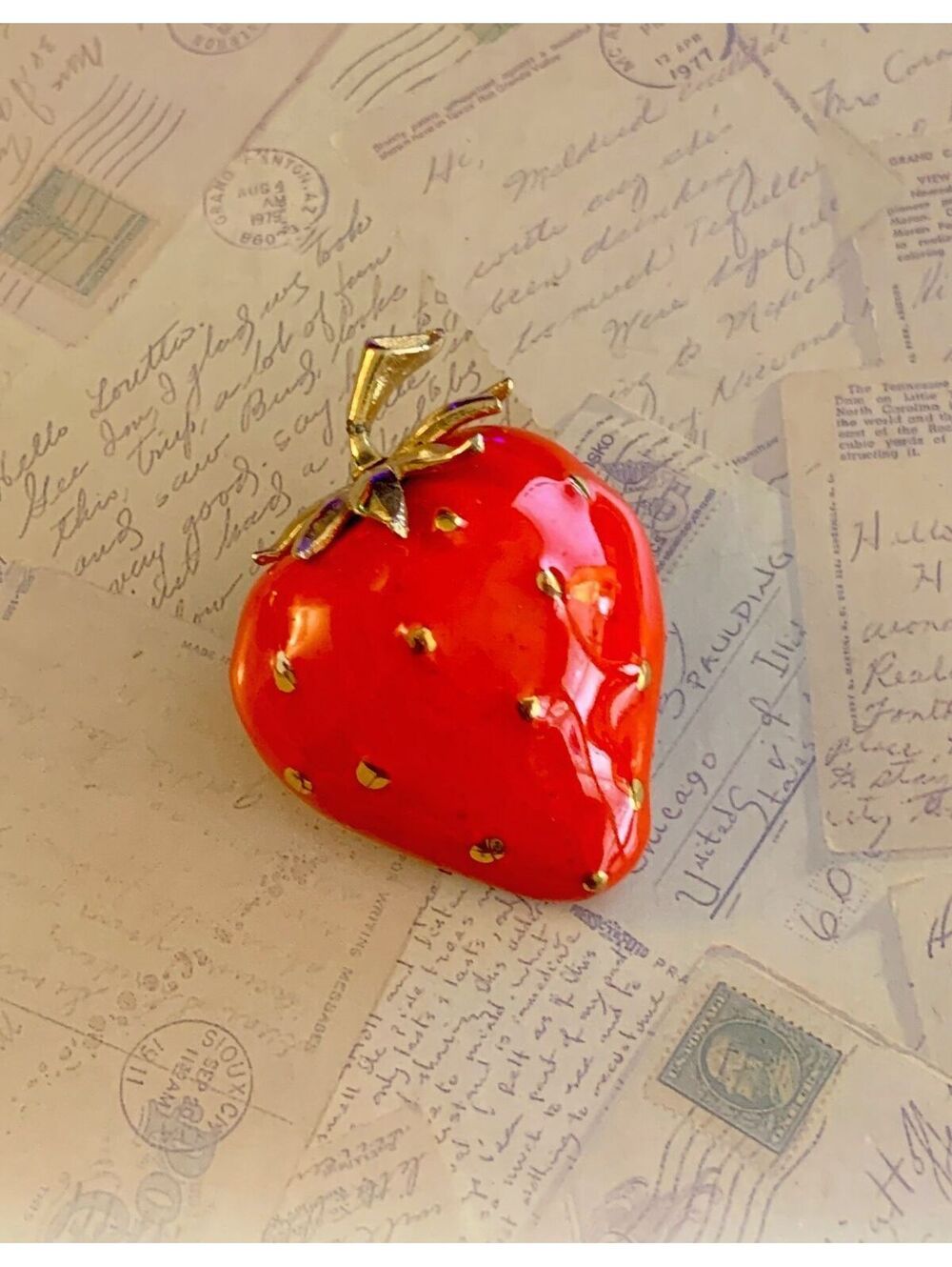 Vintage Bright Red Strawberry Shaped Enamel Brooch with Gold Accents